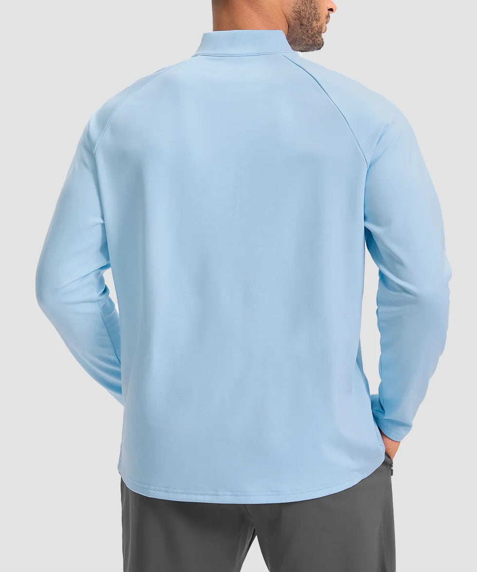 men's fleece quarter zip pullover long sleeve in heather sky blue - back view
