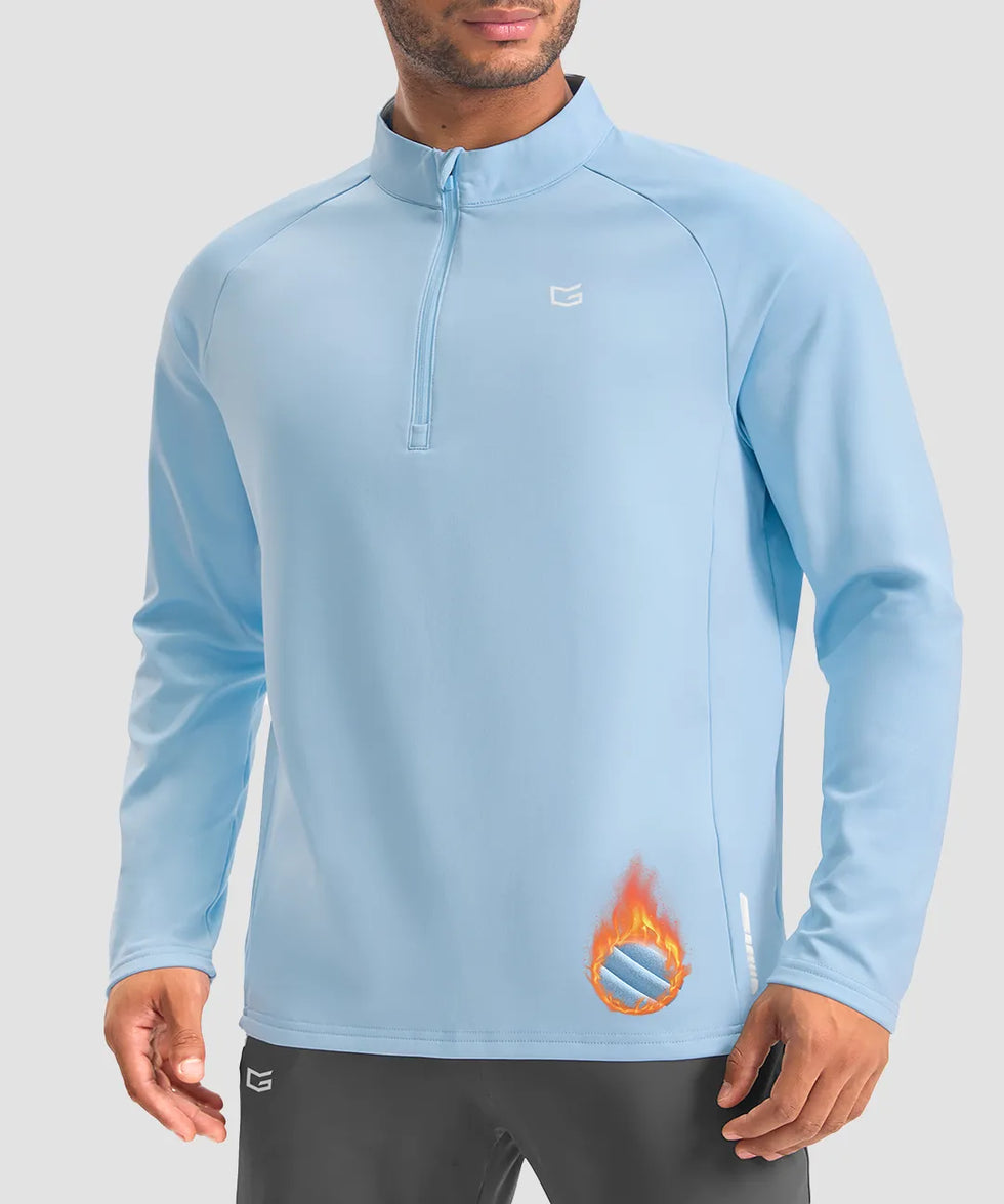 men's fleece quarter zip pullover long sleeve in heather sky blue - collar detail