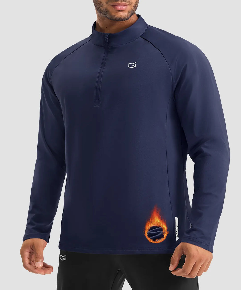 men's fleece quarter zip pullover long sleeve in navy - collar detail