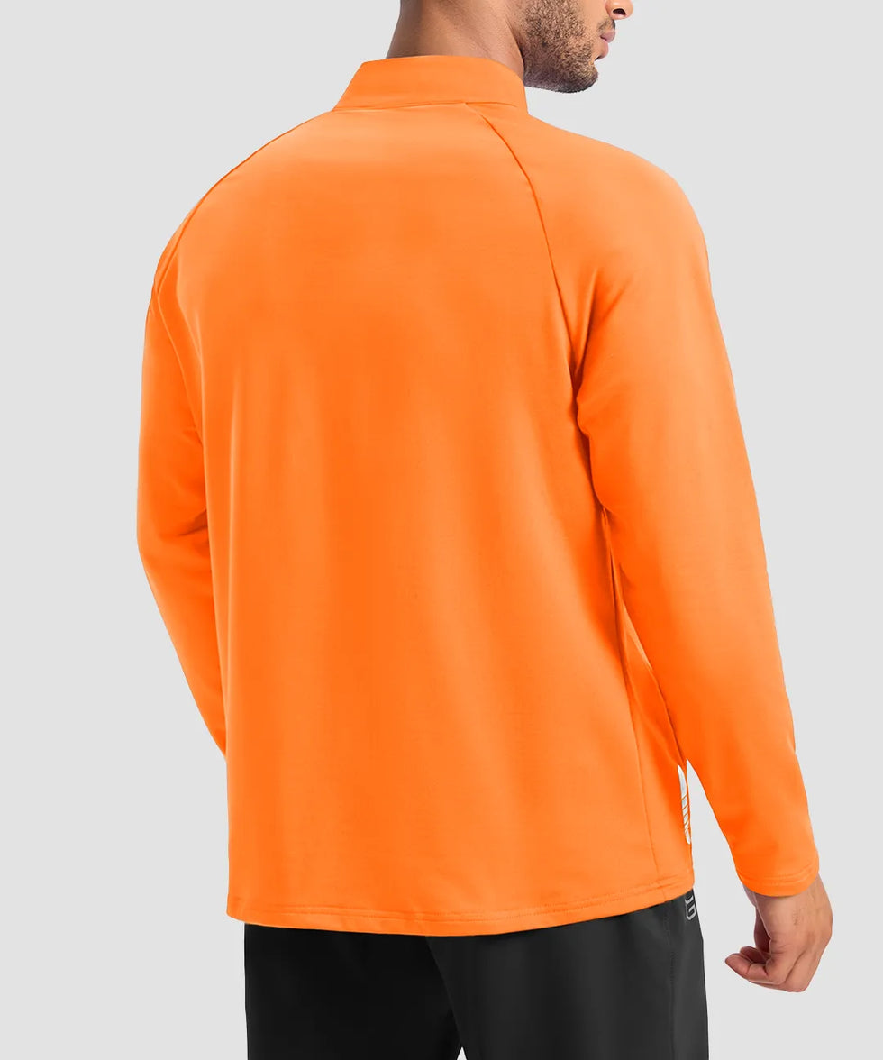 men's fleece quarter zip pullover long sleeve in orange - back view