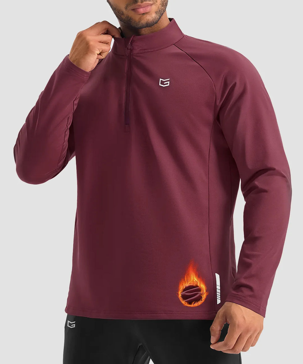 men's fleece quarter zip pullover long sleeve in wine - collar detail