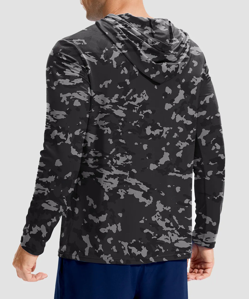 men's lightweight athletic no strings hoodie in gray black camo - back view