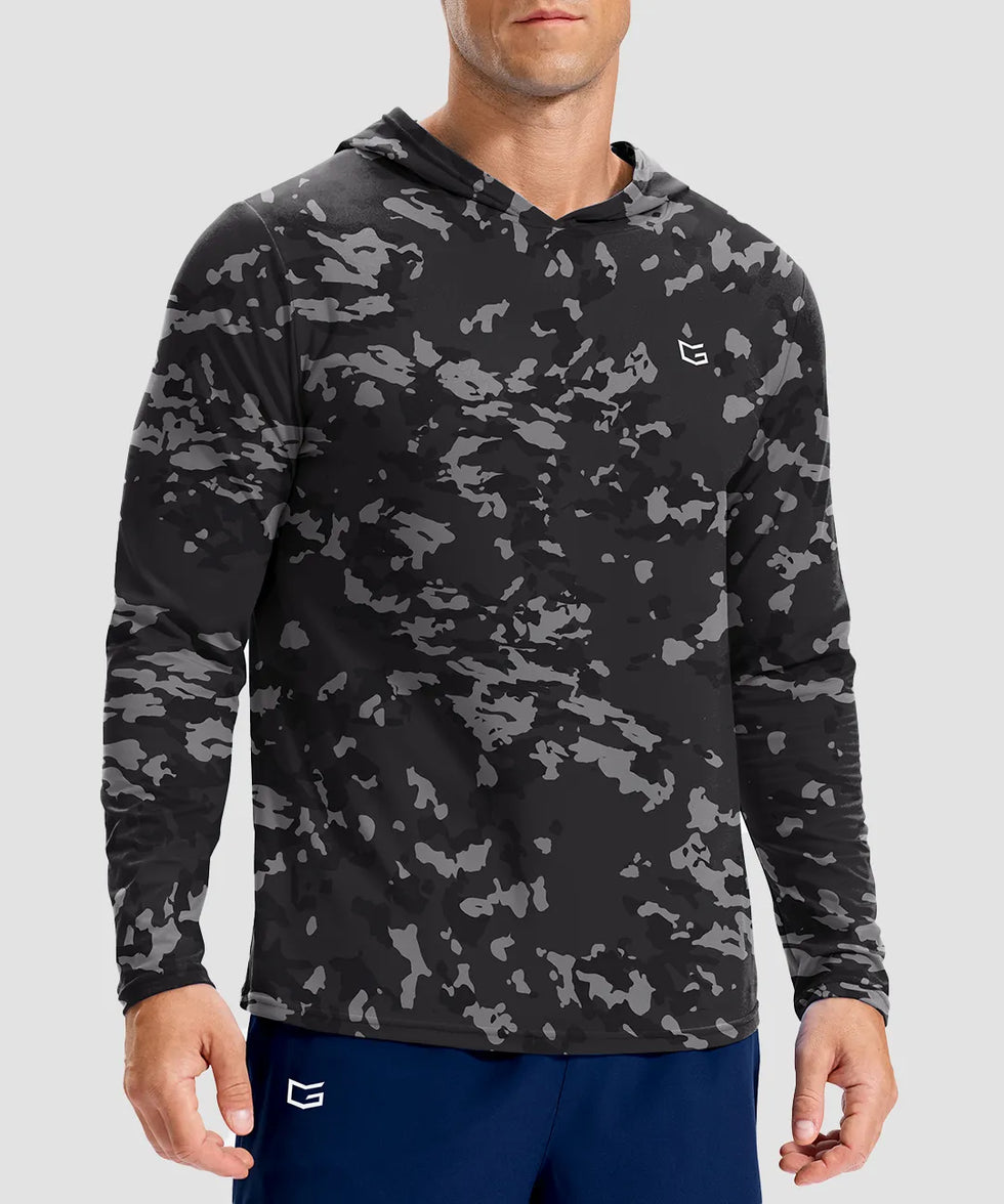 men's lightweight athletic no strings hoodie in gray black camo - front view
