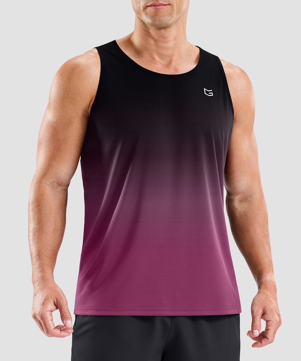 men's lightweight back reflective tank in gradient black red - front view