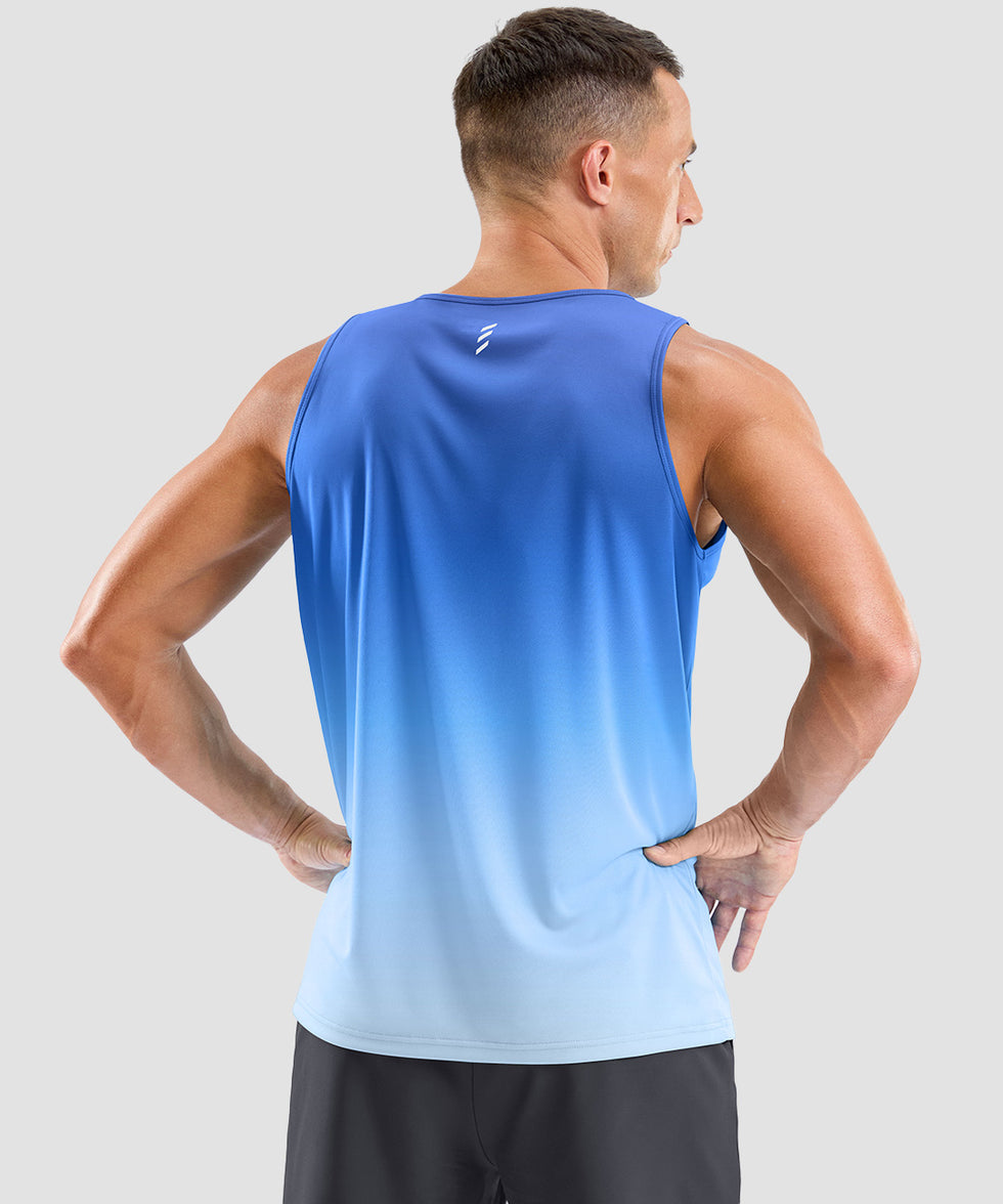 men's lightweight back reflective tank in gradient blue white - back view