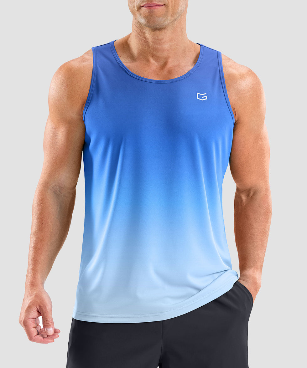 men's lightweight back reflective tank in gradient blue white - front view