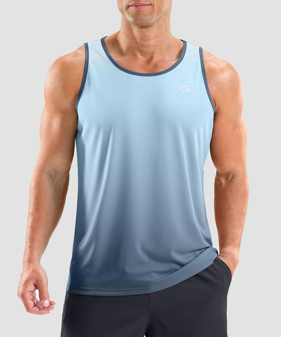 men's lightweight back reflective tank in gradient gray blue - front view