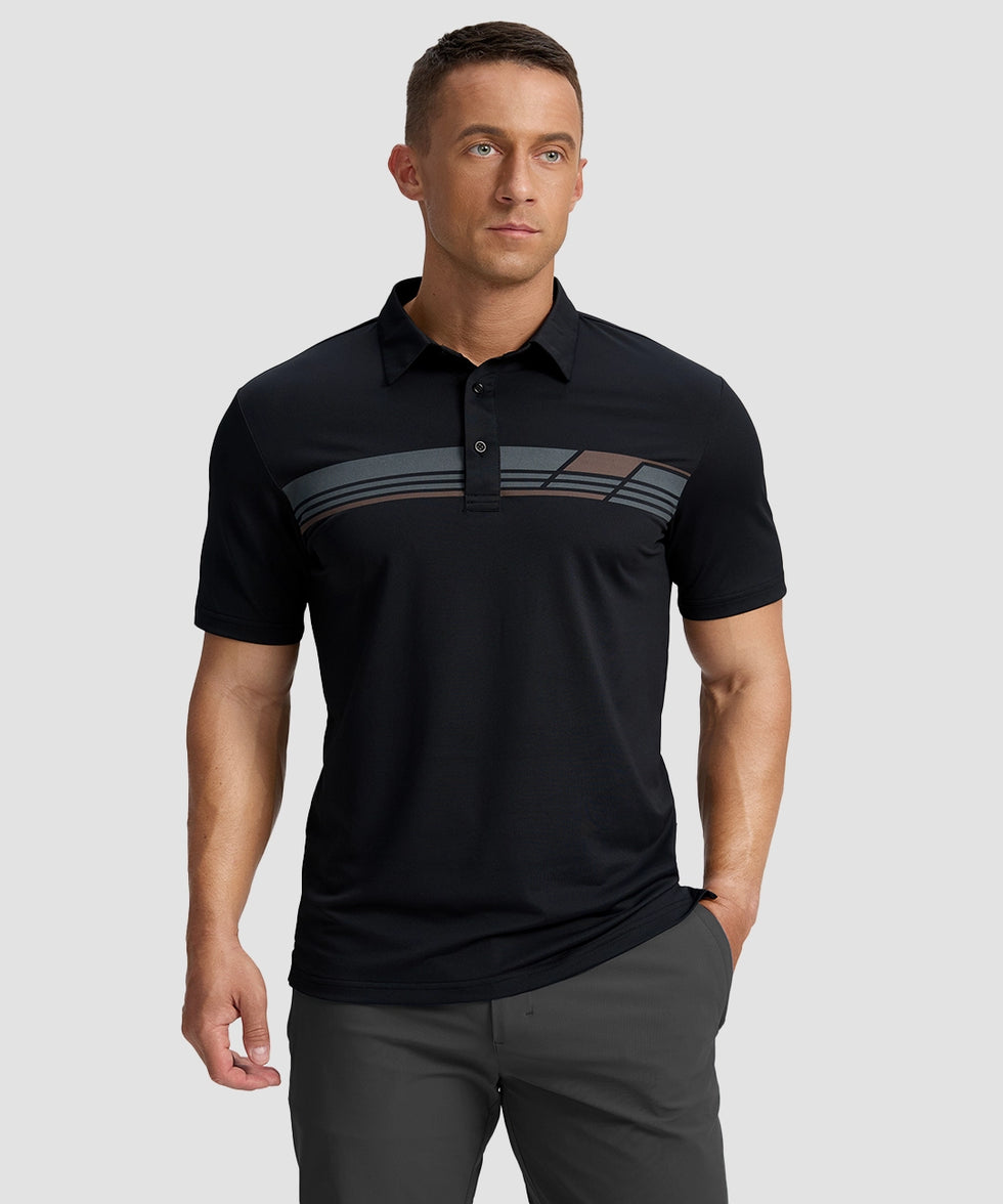 men's line print dry fit golf polo in black - front view