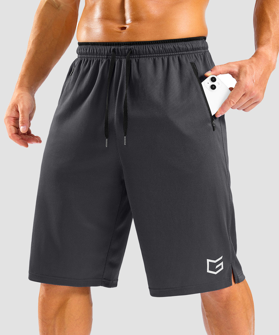 men's mesh side slit short 11'' in dark gray - pocket detail view
