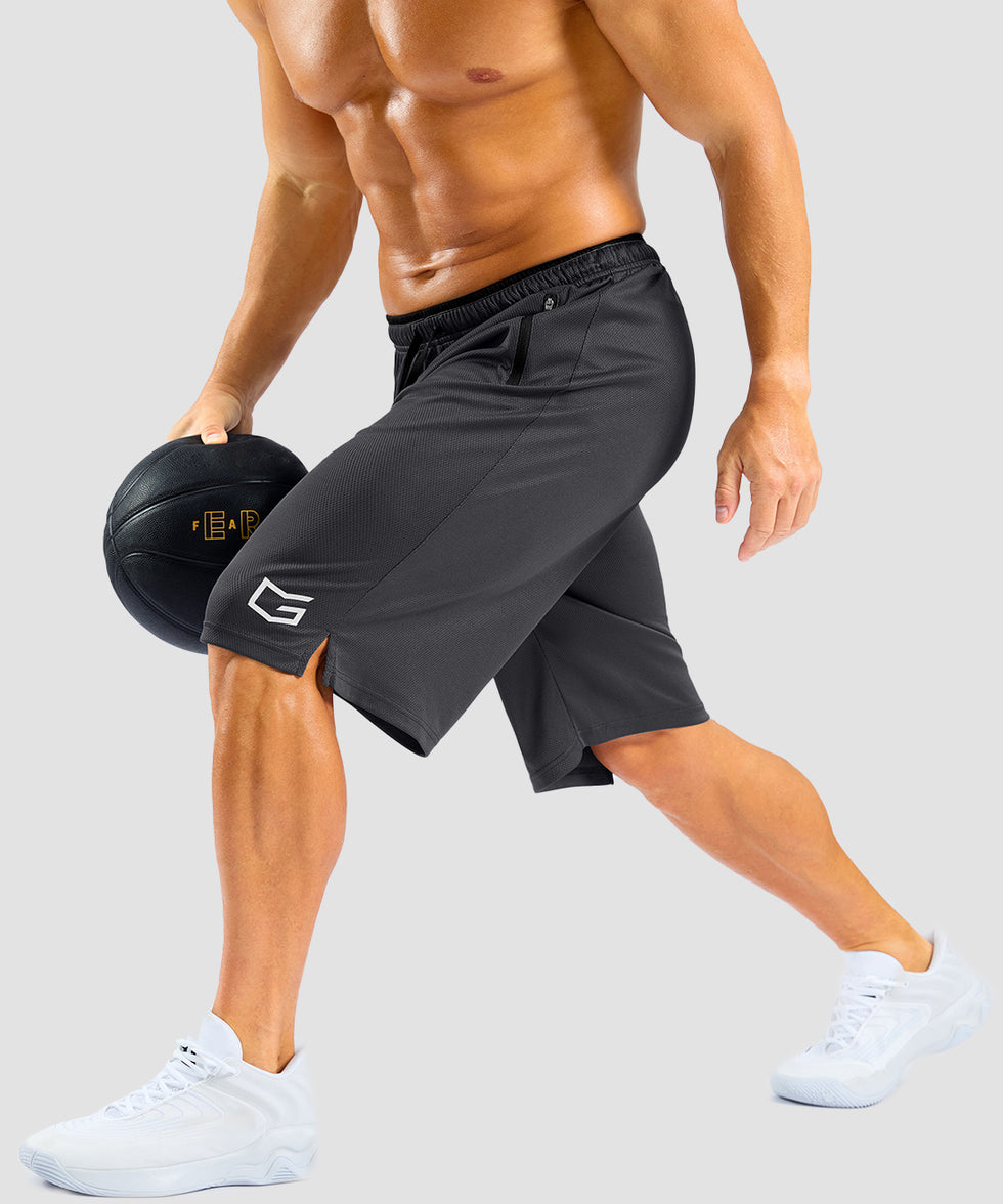 men's mesh side slit short 11'' in dark gray - side slit detail view