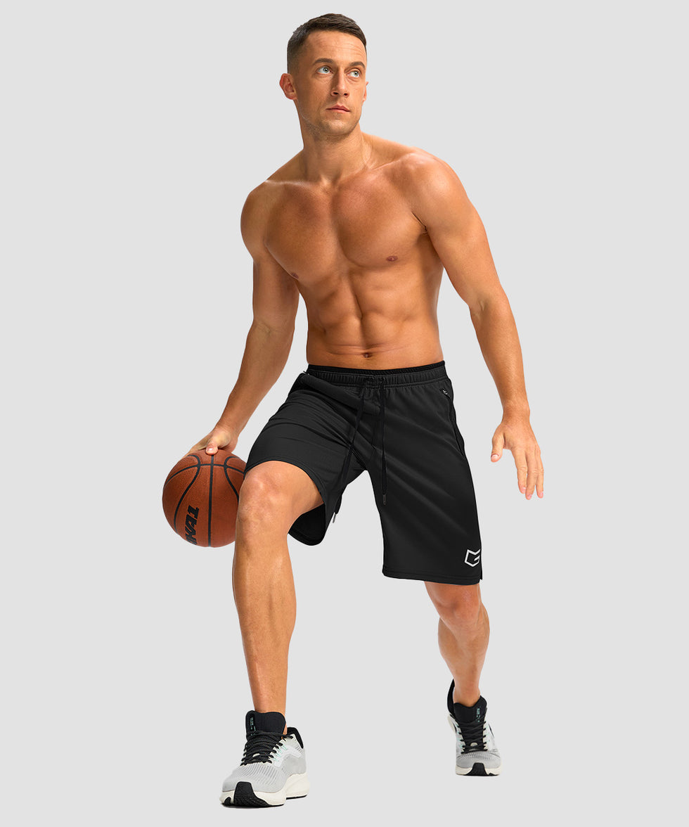 men's mesh side slit short 9'' in black - fabric detail view