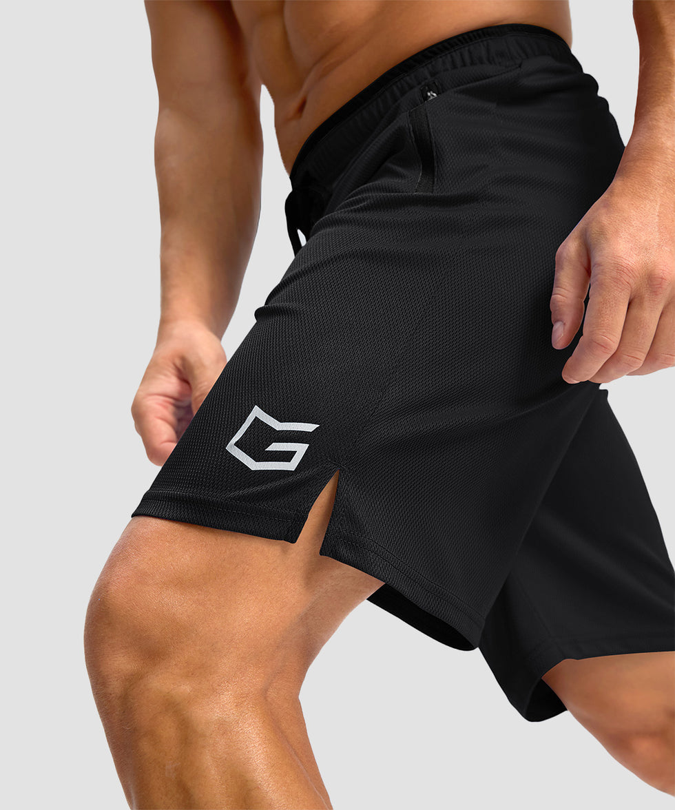 men's mesh side slit short 9'' in black - side slit detail view