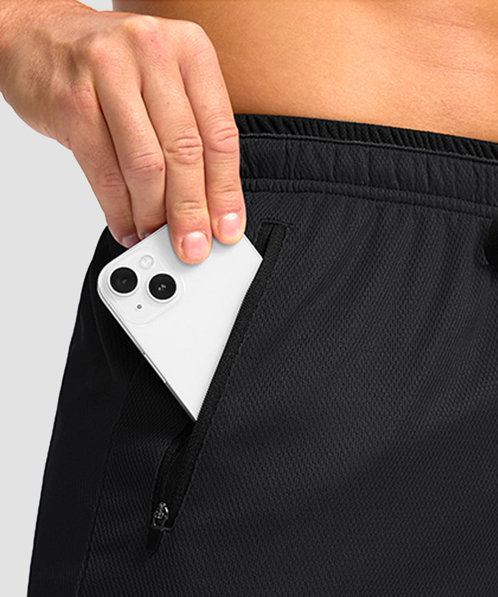 men's mesh side slit short 9'' in black - zipper pockets view