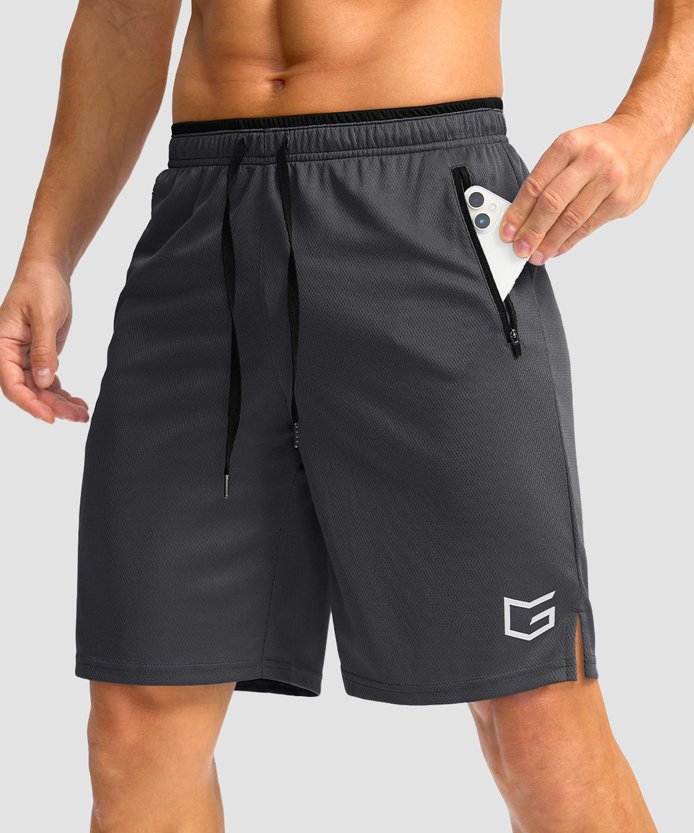 men's mesh side slit short 9'' in dark gray - front view