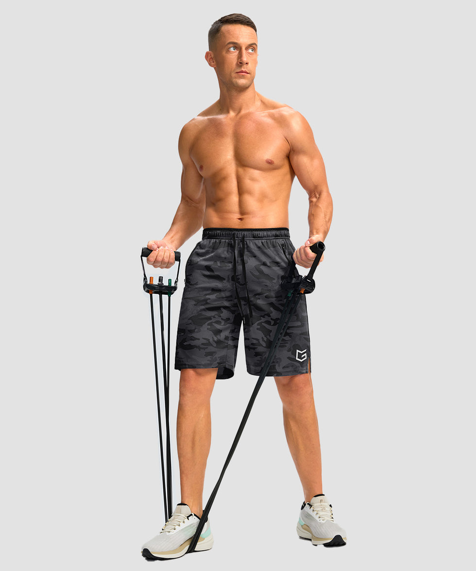 men's mesh side slit short 9'' in gray camo - front view
