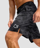 men's mesh side slit short 9'' in gray camo - side slit detail view