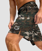 men's mesh side slit short 9'' in green camo - side slit detail view