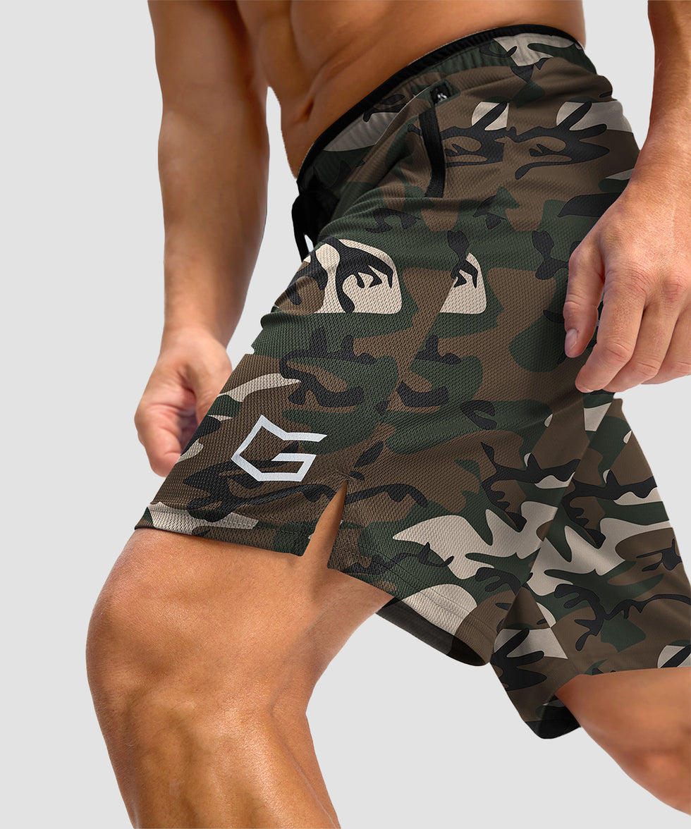 men's mesh side slit short 9'' in green camo - side slit detail view
