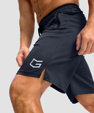 men's mesh side slit short 9'' in navy - side slit detail view