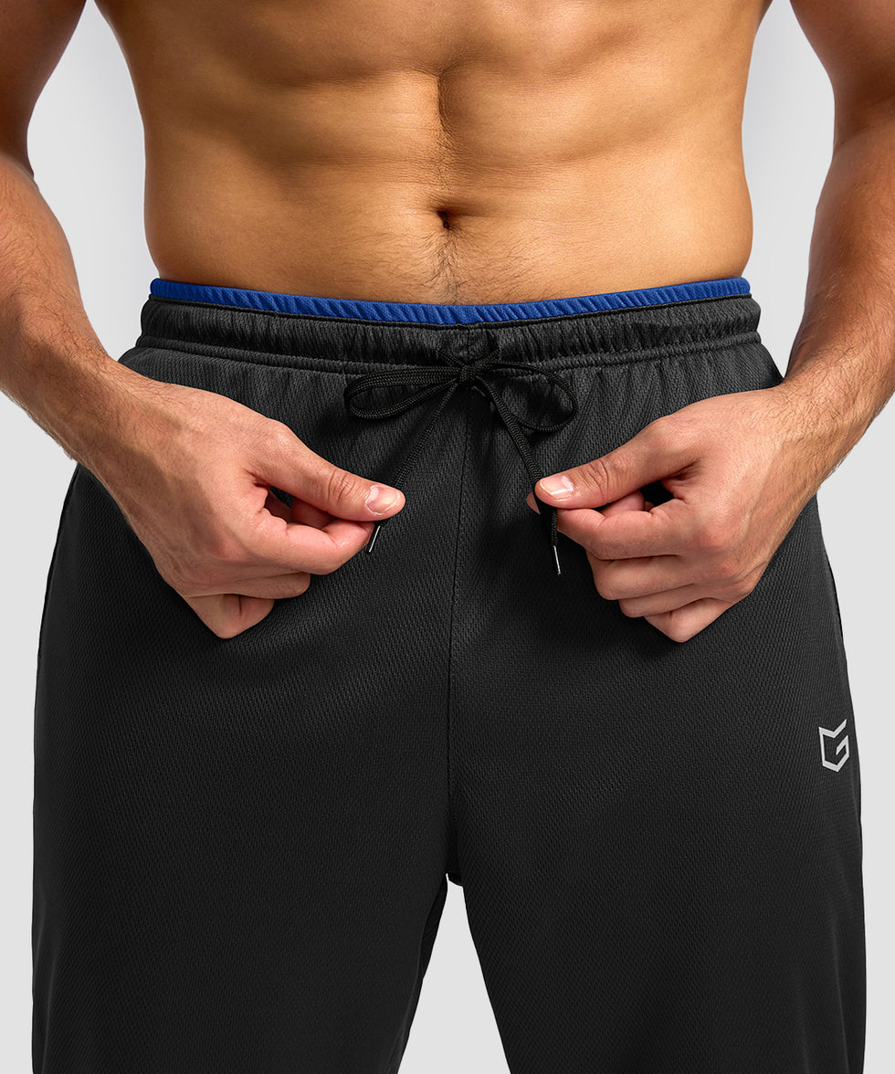 men's mesh zip pockets sweatpants in black royal blue - waistband detail