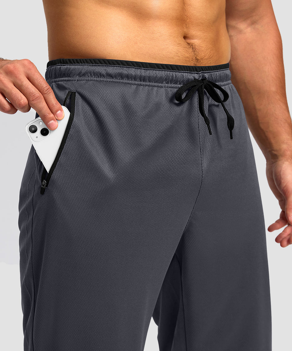 men's mesh zip pockets sweatpants in dark gray black - pocket detail