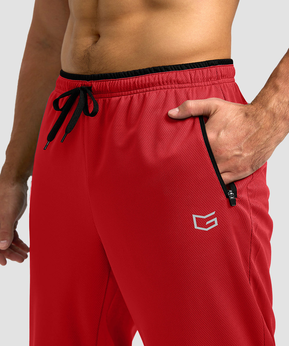 men's mesh zip pockets sweatpants in red black - pocket detail
