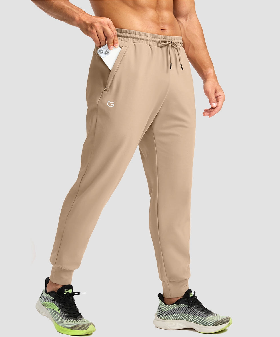 men's mid-rise thermal ankle-length joggers in light khaki - pocket detail view