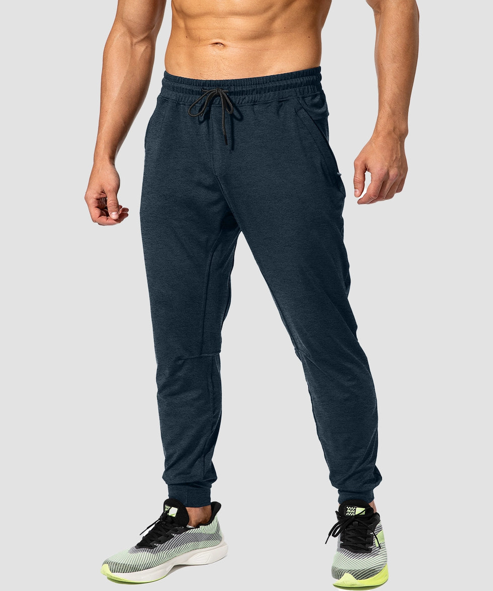 men's mid-waist zipper pockets joggers in dark blue - front view