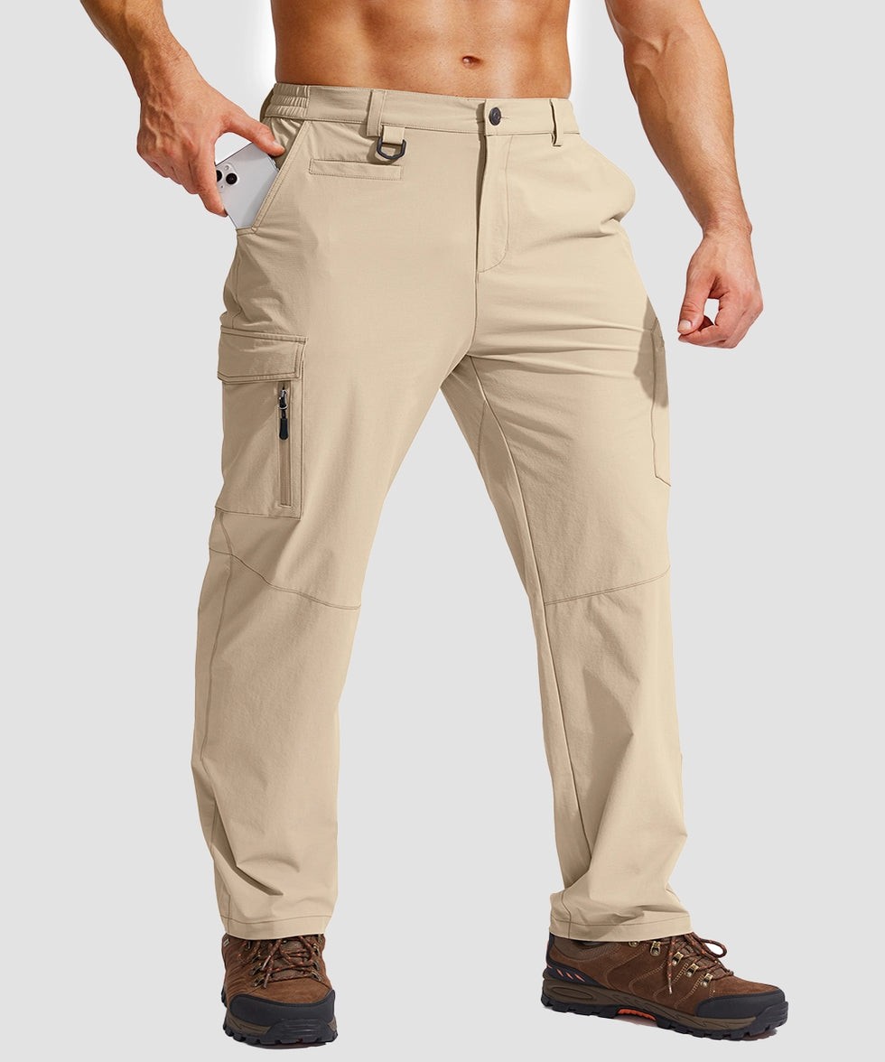 men's multi-pocket hiking pants in light khaki - pocket detail view