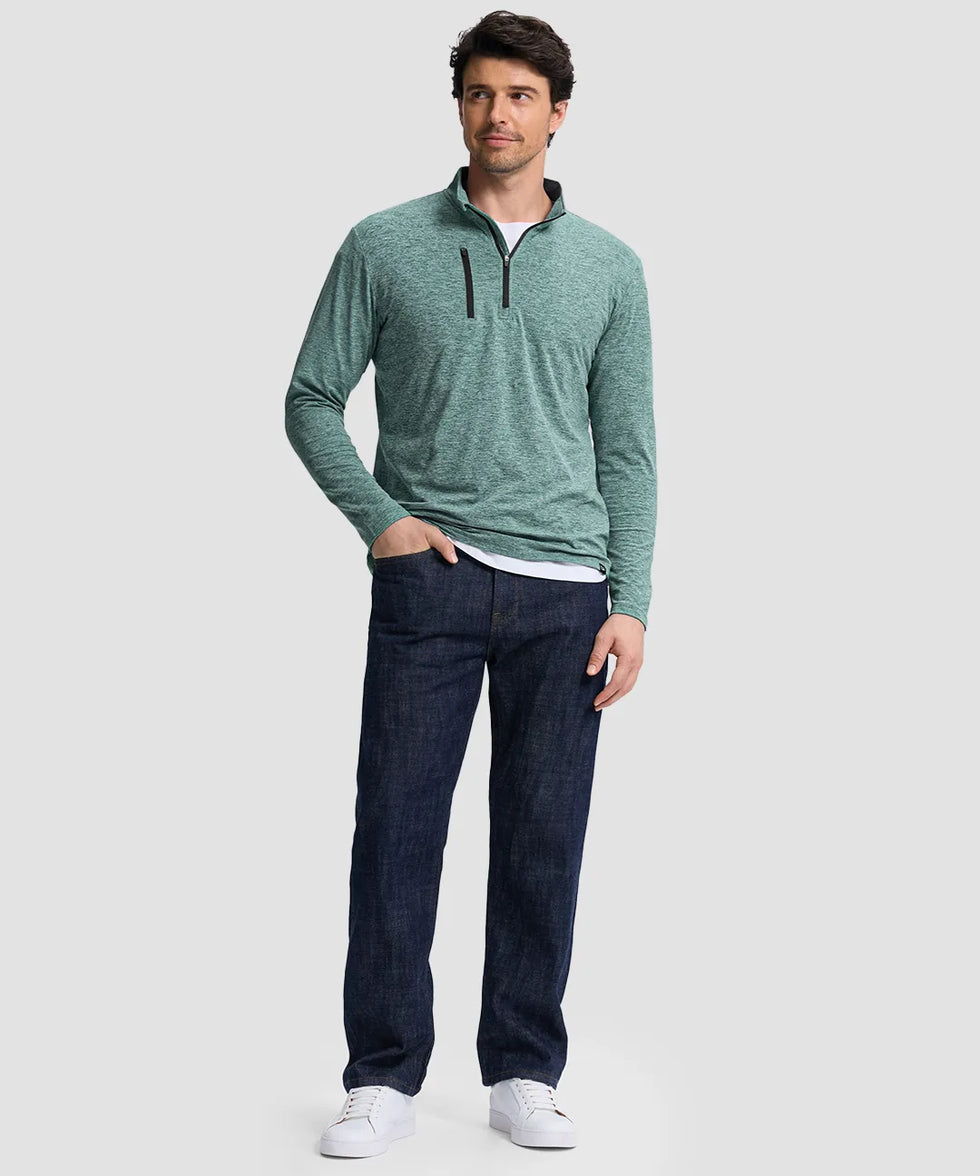 men's quarter zip golf pullover with chest pocket in heather beryl green - side view