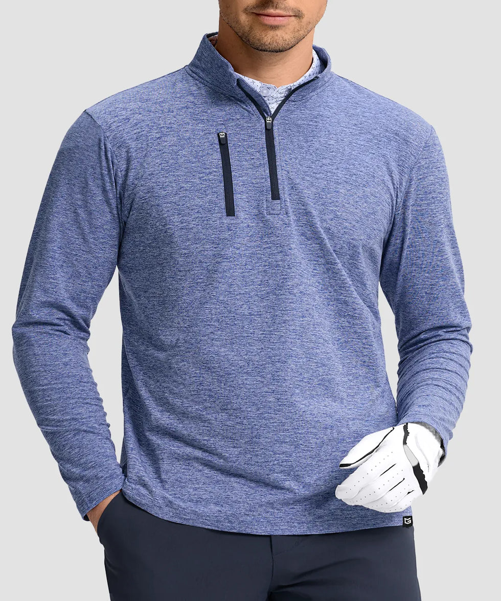 men's quarter zip golf pullover with chest pocket in heather haze blue - chest pocket detail