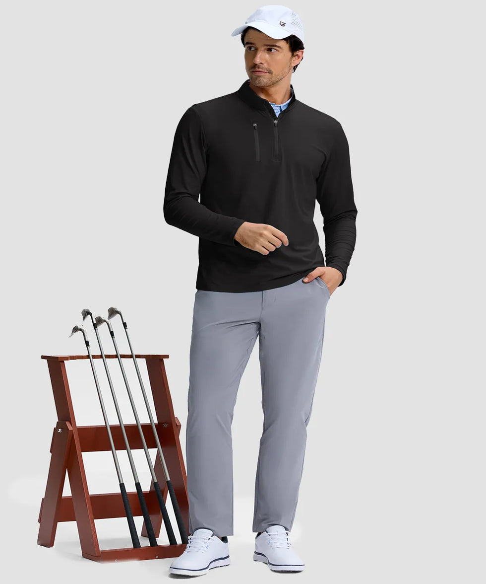 men's quarter zip golf pullover with chest pocket in black - matching outfits view