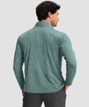 men's quarter zip golf pullover with chest pocket in heather beryl green - back view