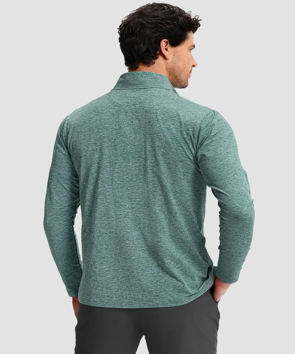 men's quarter zip golf pullover with chest pocket in heather beryl green - back view