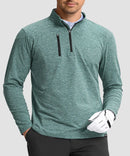 men's quarter zip golf pullover with chest pocket in heather beryl green - collar detail