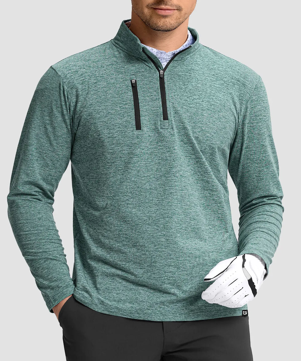 men's quarter zip golf pullover with chest pocket in heather beryl green - collar detail