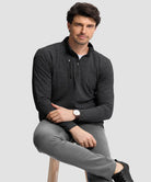 men's quarter zip golf pullover with chest pocket in heather black - front view
