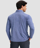 men's quarter zip golf pullover with chest pocket in heather haze blue - back view