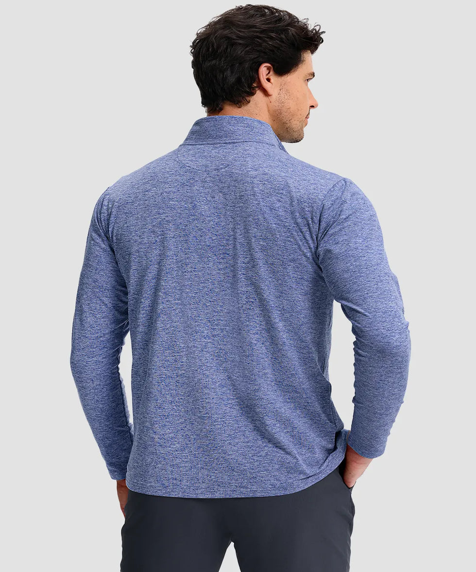men's quarter zip golf pullover with chest pocket in heather haze blue - back view