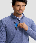 men's quarter zip golf pullover with chest pocket in heather haze blue - collar detail