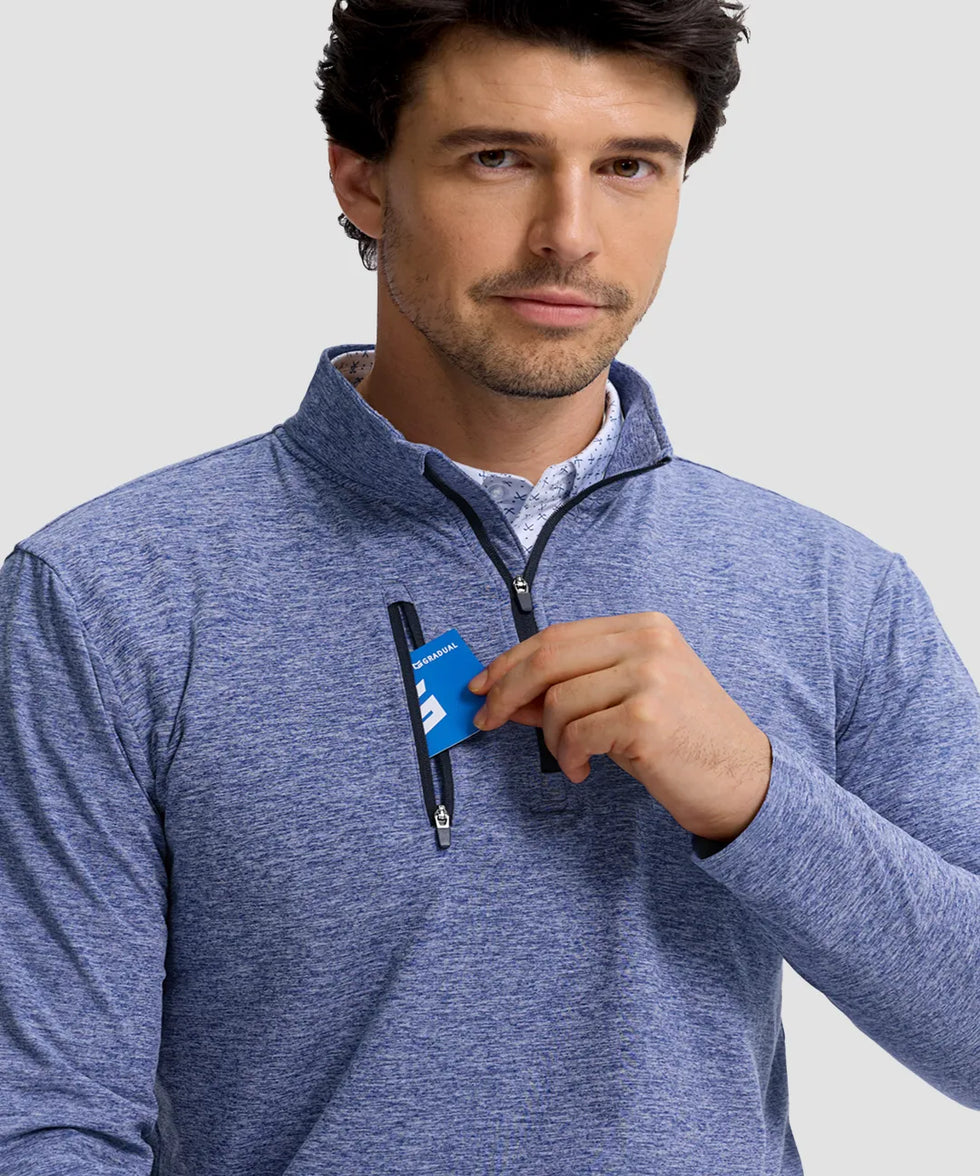 men's quarter zip golf pullover with chest pocket in heather haze blue - collar detail