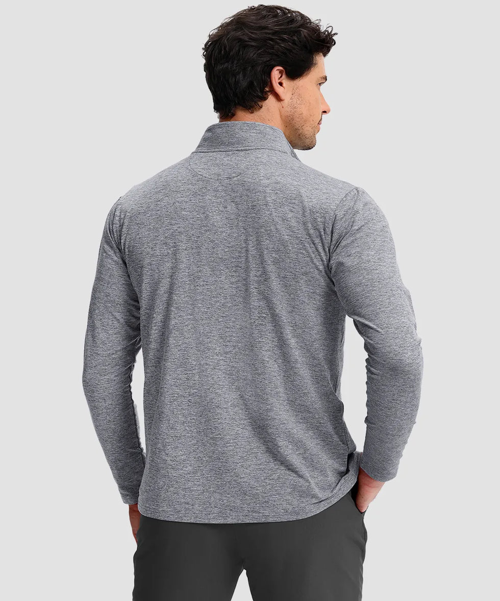 men's quarter zip golf pullover with chest pocket in heather light gray - back view