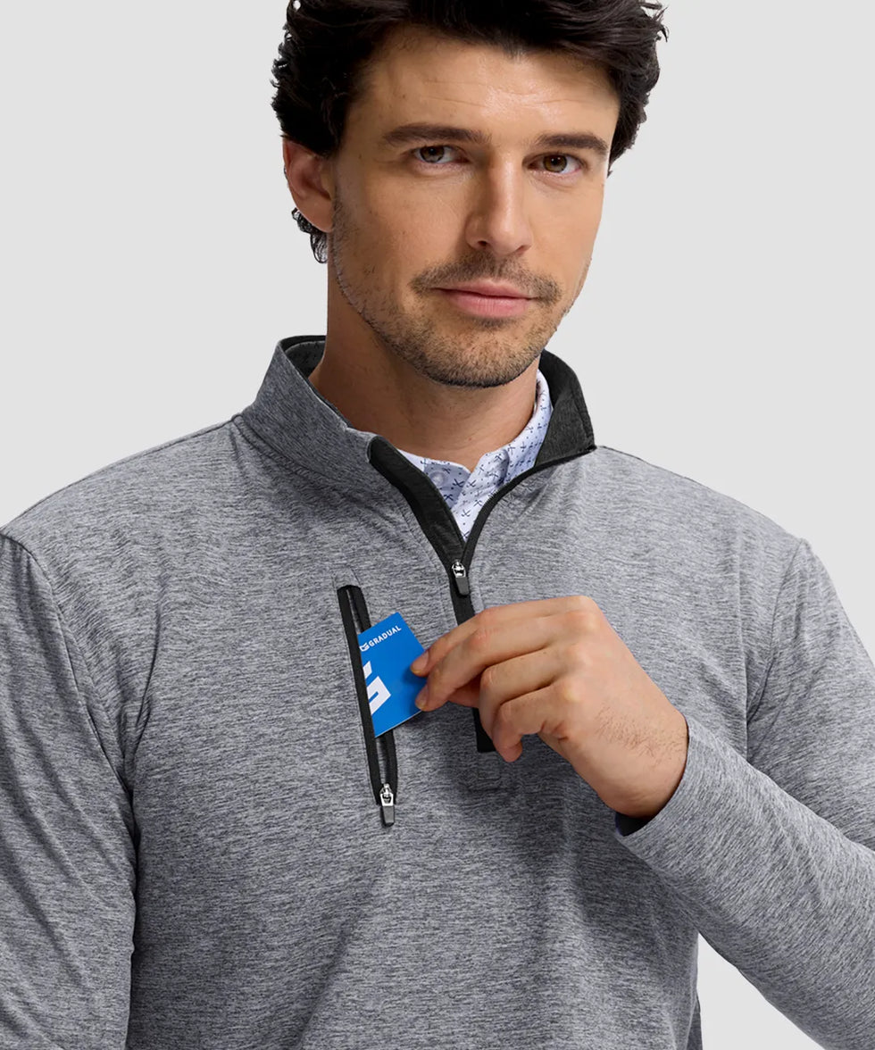 men's quarter zip golf pullover with chest pocket in heather light gray - chest pocket detail