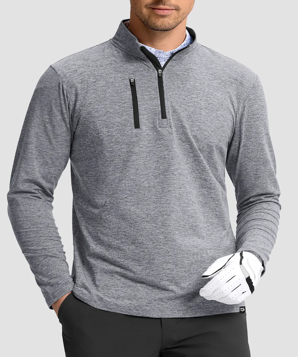 men's quarter zip golf pullover with chest pocket in heather light gray - collar detail