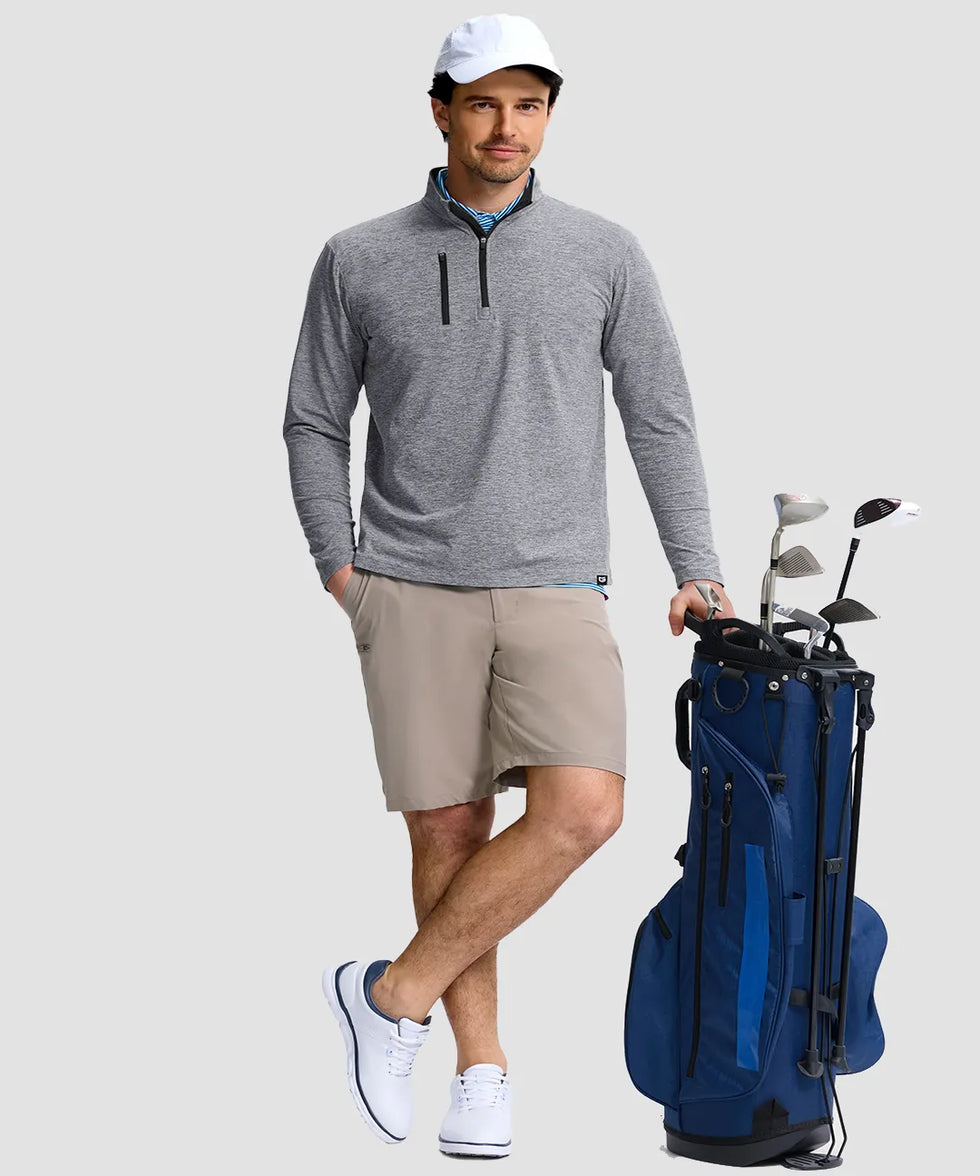 men's quarter zip golf pullover with chest pocket in heather light gray - matching outfits view