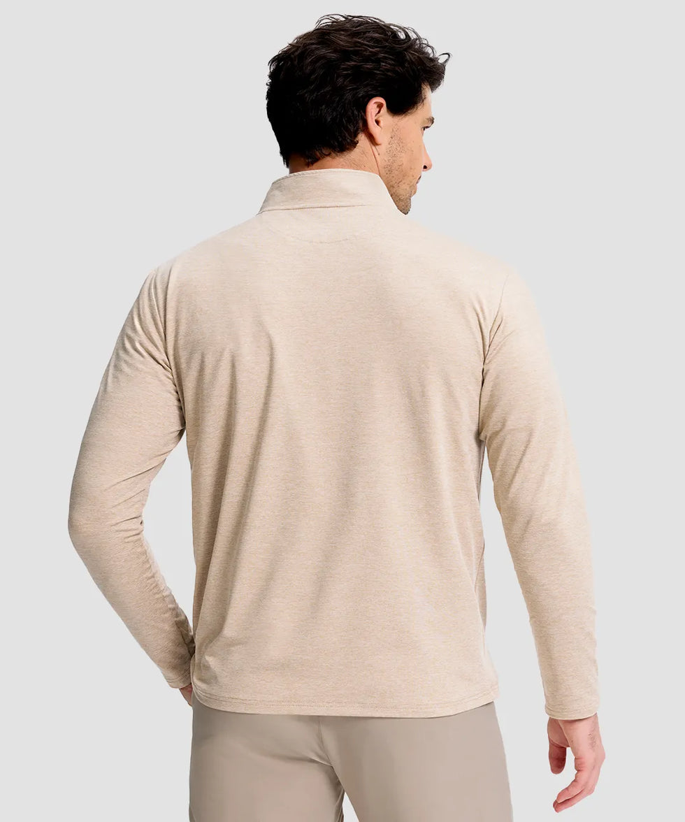 men's quarter zip golf pullover with chest pocket in heather light khaki - back view