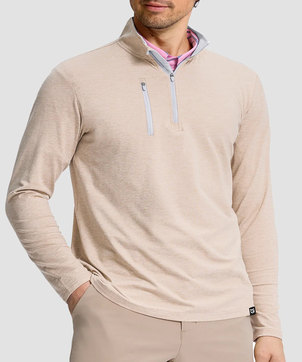 men's quarter zip golf pullover with chest pocket in heather light khaki - chest pocket detail