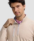 men's quarter zip golf pullover with chest pocket in heather light khaki - collar detail