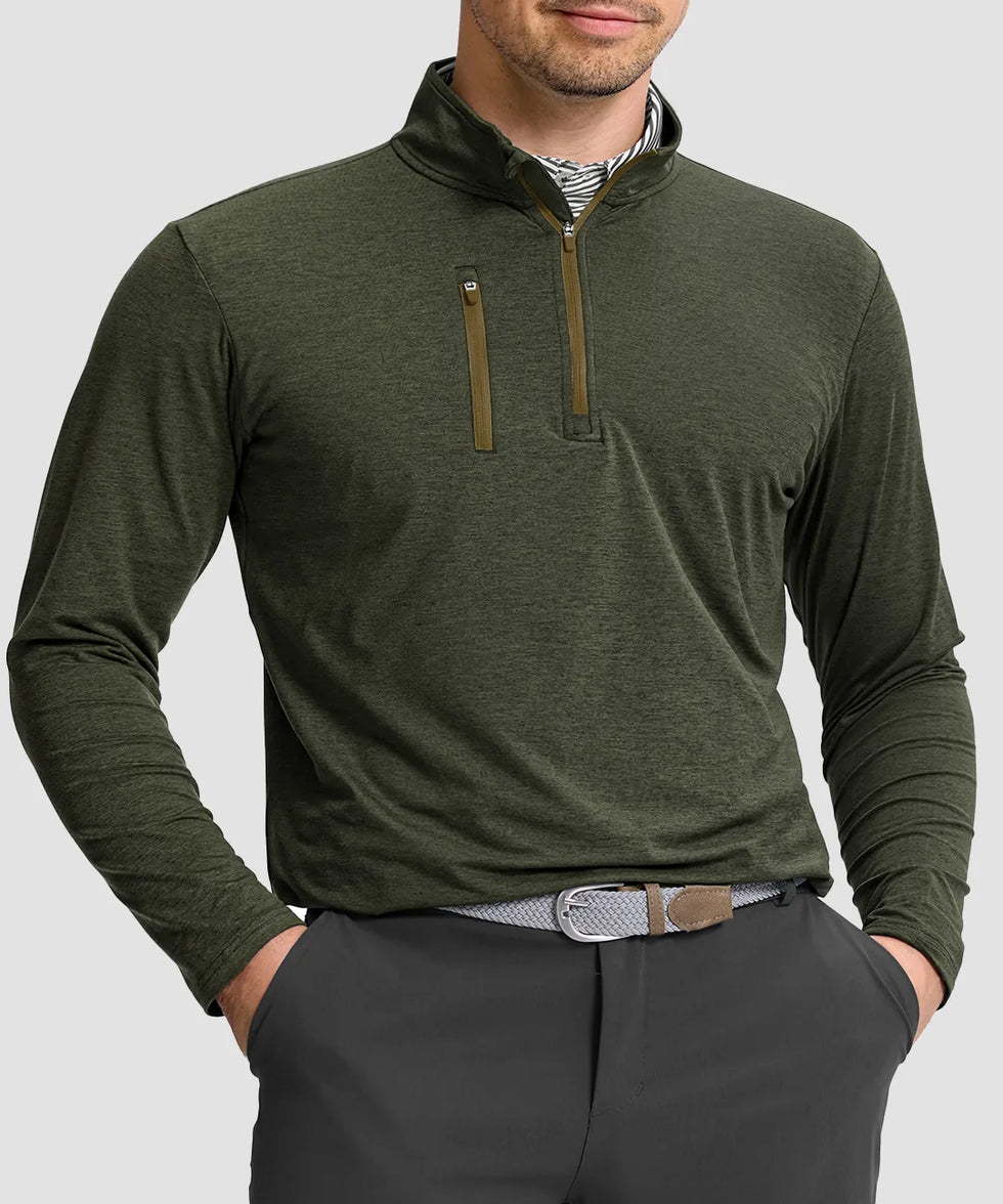 men's quarter zip golf pullover with chest pocket in heather olive - chest pocket detail