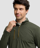 men's quarter zip golf pullover with chest pocket in heather olive - collar detail